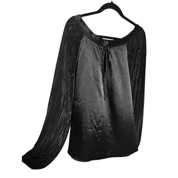GeeGee Blouse – Size 2XL – Black Shiny Satin with Tie Neckline - Picture 1 of 5